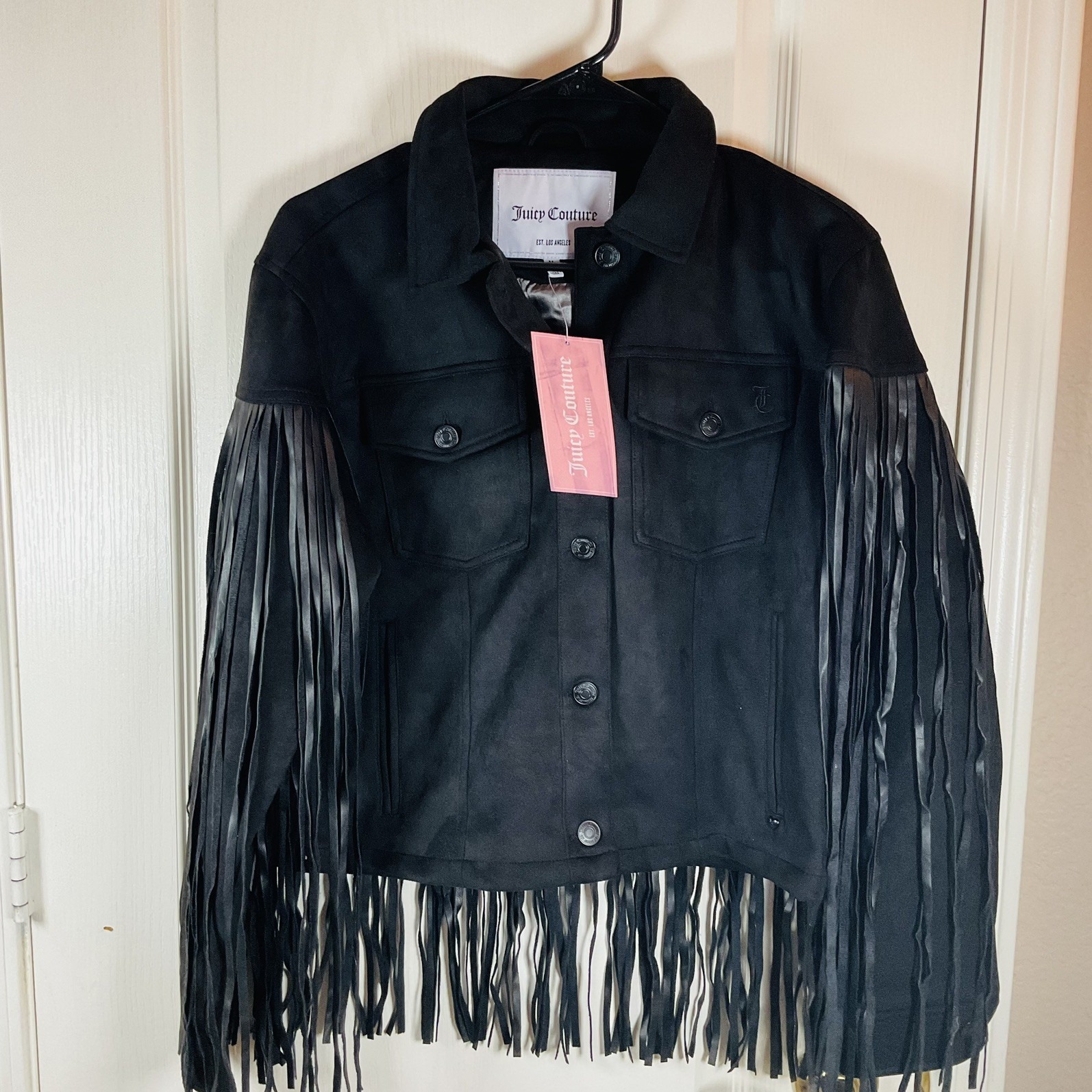 Juicy Couture Fringed Jacket Women's Black Faux Suede Size Medium New Western